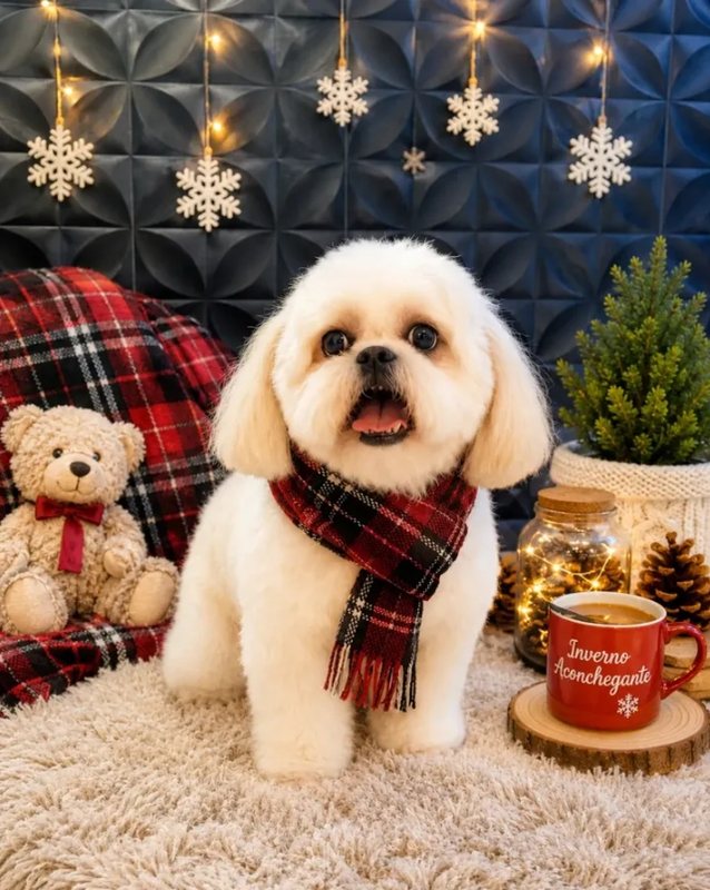 Shih-tzu com tosa bebê impecável e cachecol de inverno